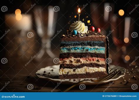 One Piece Of Multi Layered Birthday Cake With Candles And Decorations