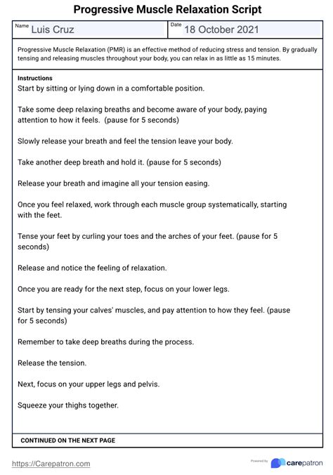 Progressive Muscle Relaxation Script Worksheet Therapist Aid