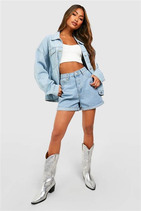 High Waisted Roll Hem Denim Shorts Boohoo Uk