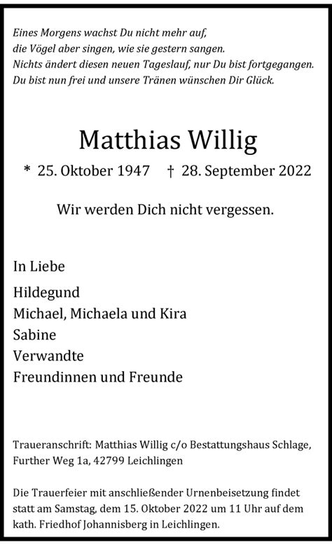 Alle Traueranzeigen für Matthias Willig trauer rp online de