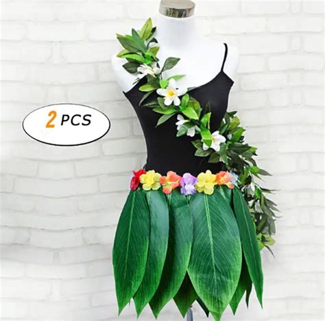 Ti Leaf Hula Skirt Hawaiian Leaf Skirt Green Grass Skirt With Artificial Hibiscus Flowers For