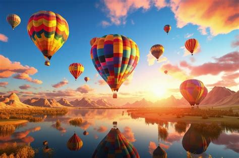 Premium AI Image Vibrant Hot Air Balloons In A Sunrise Sky Generative AI