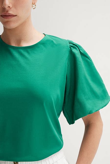 Emerald Cotton Interlock Spliced Blouson Sleeve T Shirt Women T