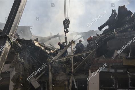 Rescuers Elevated By Crane Apartment Building Editorial Stock Photo