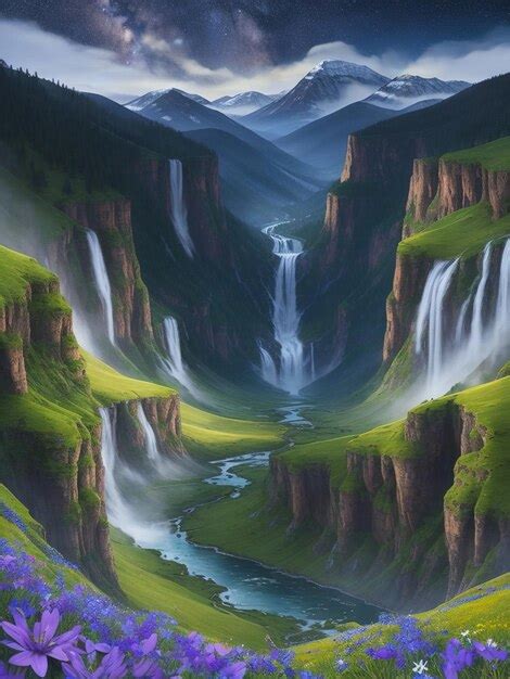 Premium AI Image | Mountain valley with waterfall