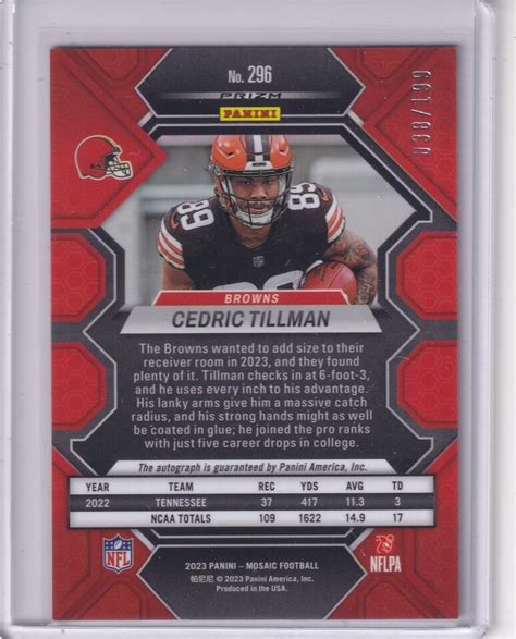 Cedric Tillman 2023 Panini Mosaic Red Prizm Rc Auto 38 199 EBay