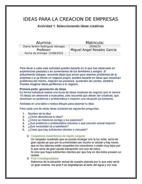 Act1 Ideas Para La Creacion IDEAS PARA LA CREACION DE EMPRESAS