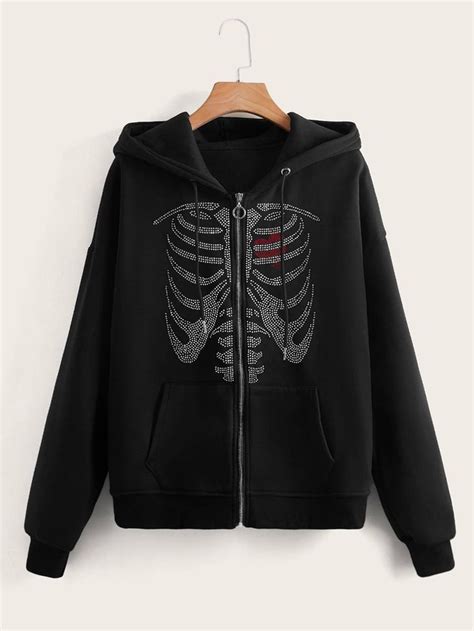 Skeleton And Heart Rhinestone Zip Up Hoodie Grunge Jacket Zip Ups