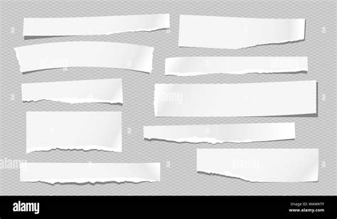 Set Of Torn White Note Notebook Paper Pieces Stuck On Grey Background