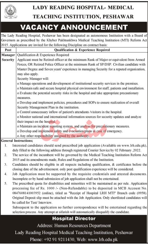 Lady Reading Hospital Lrh Mti Peshawar Jobs 2022 2025 Job Advertisement