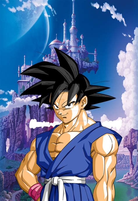 The Dragon Ball Character Is Standing In Front Of A Castle With Clouds