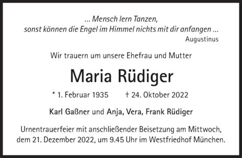 Traueranzeigen von Maria Rüdiger SZ Gedenken de