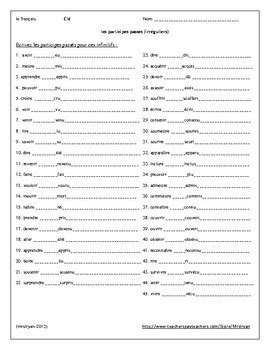 Participes passés – French Past Participles worksheets by mrslryan