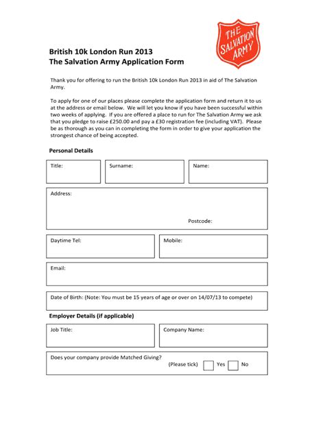 Fillable Online British 10k London Run 2013 The Salvation Army Application Form Fax Email Print