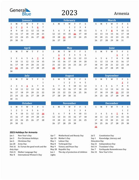 Armenia Calendar With Holidays