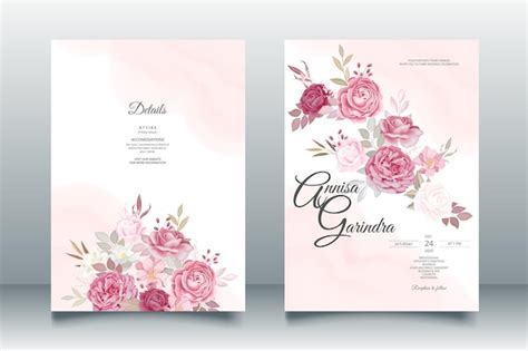 Hermosa plantilla de tarjeta de invitación de boda con marco floral