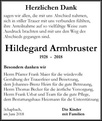 Traueranzeigen von Hildegard Armbruster Schwarzwälder Bote Trauer