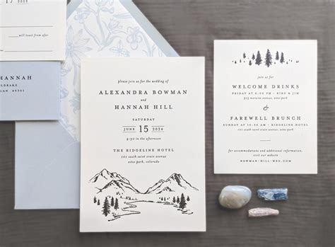 Mountain Letterpress Wedding Invitation Black And White Minimalist