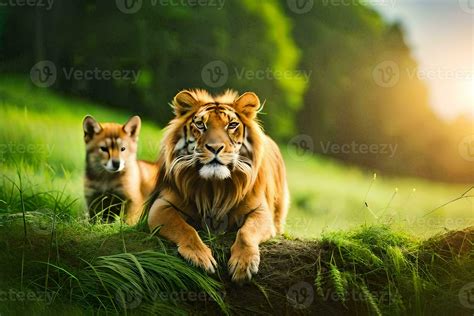 Two Tigers Sitting On A Log In The Grass Ai Generated 30902050 Stock