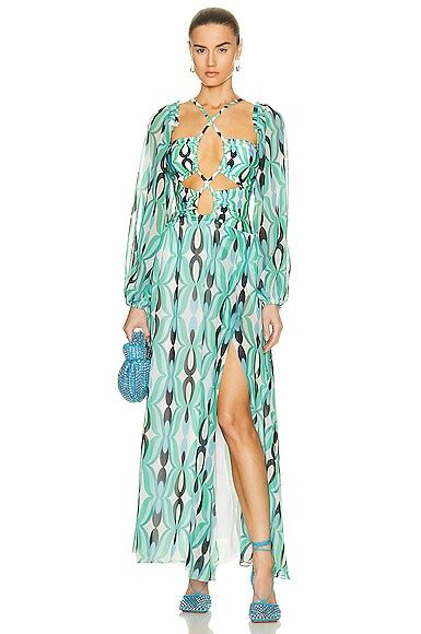 Patbo Geo Print Long Sleeve Cutout Dress In Green Pink Fwrd