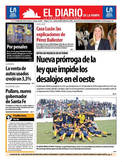 Tapa De El Diario En Papel Lunes 11 De Septiembre De 2023 El Diario