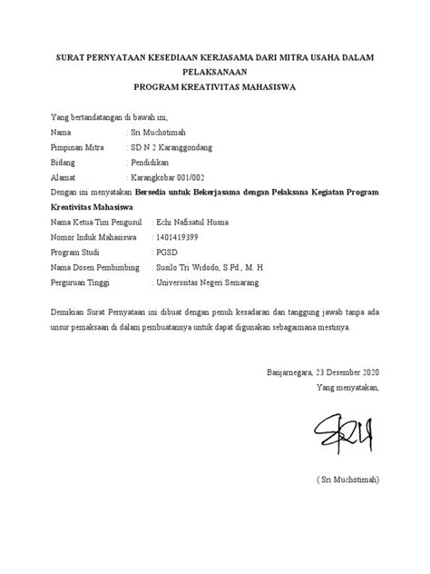 Surat Pernyataan Kesediaan Kerjasama Dari Mitra Pdf