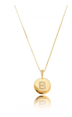 Colar Medalha Letra Inicial Cravejado Zirc Nia Folhado Ouro