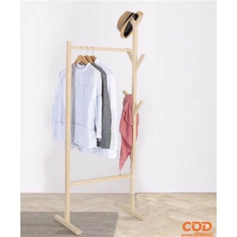 Jual stand hanger gantungan baju kayu aesthetic bahan kayu solid ...