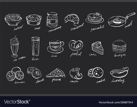 Set Hand Drawn Food And Drinks On Black Royalty Free Vector