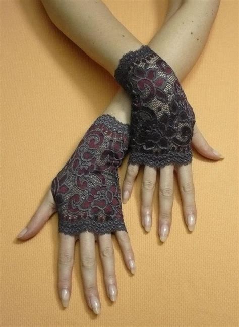 Short Gothic Fingerless Gloves In Dark Grey And Bordeaux Steampunk Mittens Baroque Victorian