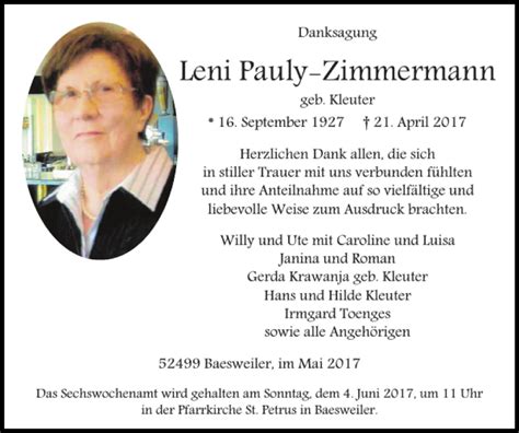 Traueranzeigen Von Leni Pauly Zimmermann Aachen Gedenkt