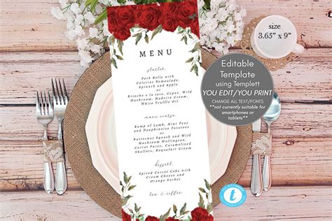 Red Roses Wedding Menu Printable Wedding Menu Template Editable Menu