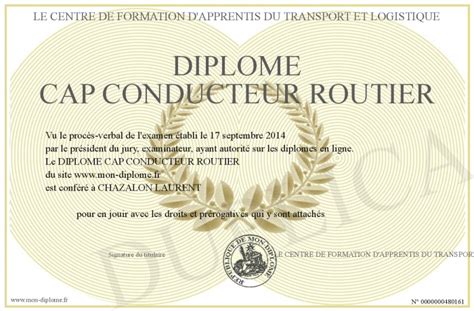 DIPLOME CAP CONDUCTEUR ROUTIER