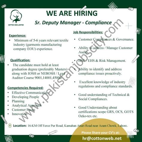 Cotton Web Limited Jobs Sr Deputy Manager Compliance