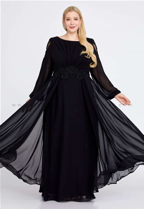 ERŞE BREEZE Long Sleeve Maxi Chiffon Column Plus Size Black Wedding