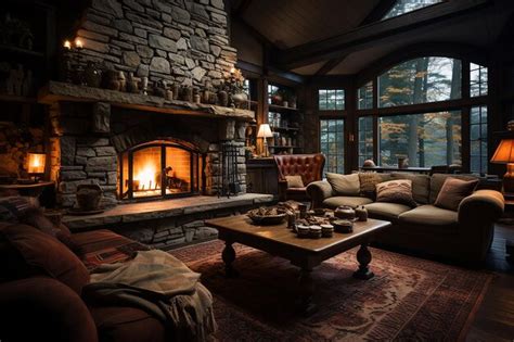 Premium Photo | Photograph of a Stone Fireplace in a Cozy Cabin