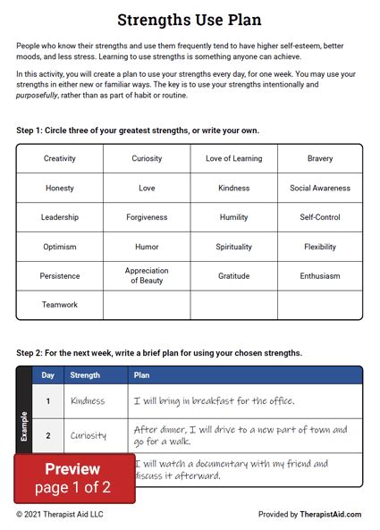 Strengths Use Plan Worksheet Therapist Aid Group Therapy Activities