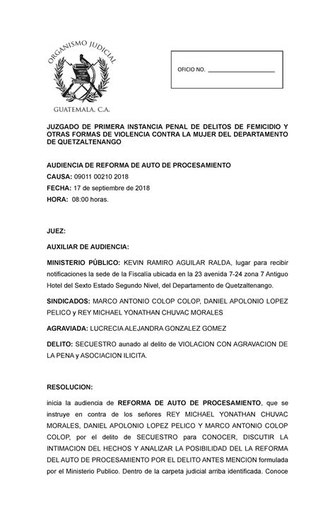 Reforma Del Auto De Procesamiento JUZGADO DE PRIMERA INSTANCIA PENAL