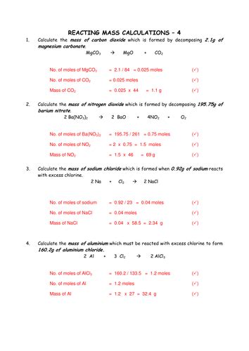 Chemistry Reacting Mass Calculations Collection Teaching Resources