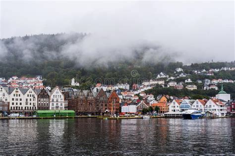 Norway Rainy Day In Bergen With The Floyfjellet Covered In Fog On An