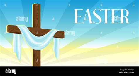 Silhouette Of Wooden Cross With Shroud Happy Easter Concept