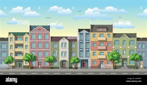 Seamless cityscape cartoon background with trees Stock Vector Image ...