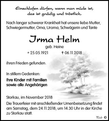 Traueranzeigen Von Irma Helm Abschied Nehmen De