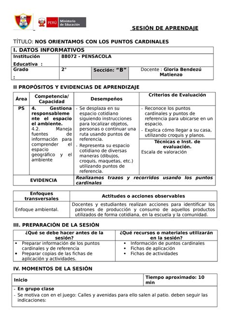 Sesiones Agosto Sesi N De Aprendaje T Tulo Nos Orientamos Con Los