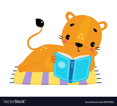 Cute Baby Lion Reading Book Funny Smart Wild Vector Image