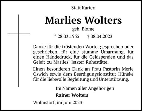 Traueranzeigen Von Marlies Wolters Trauer Kreiszeitung De