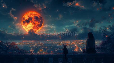 The Girl Is Looking At The City At Night With A Cat Stock Illustration