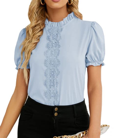 Rooscier Women S Lace Ruffle Puff Short Sleeve Frill Mock Neck Elegant