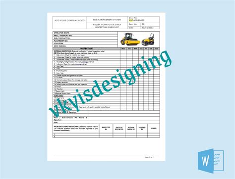 Roller Compactor Inspection Checklist Health Safety Policy