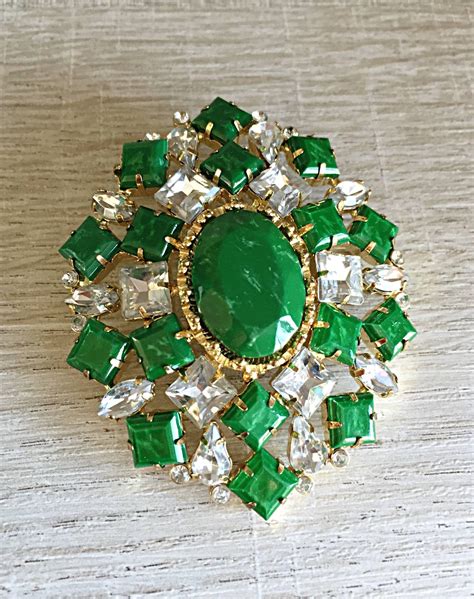 Gorgeous Vintage Arnold Scaasi 1960s Emerald Green Rhinestone Large